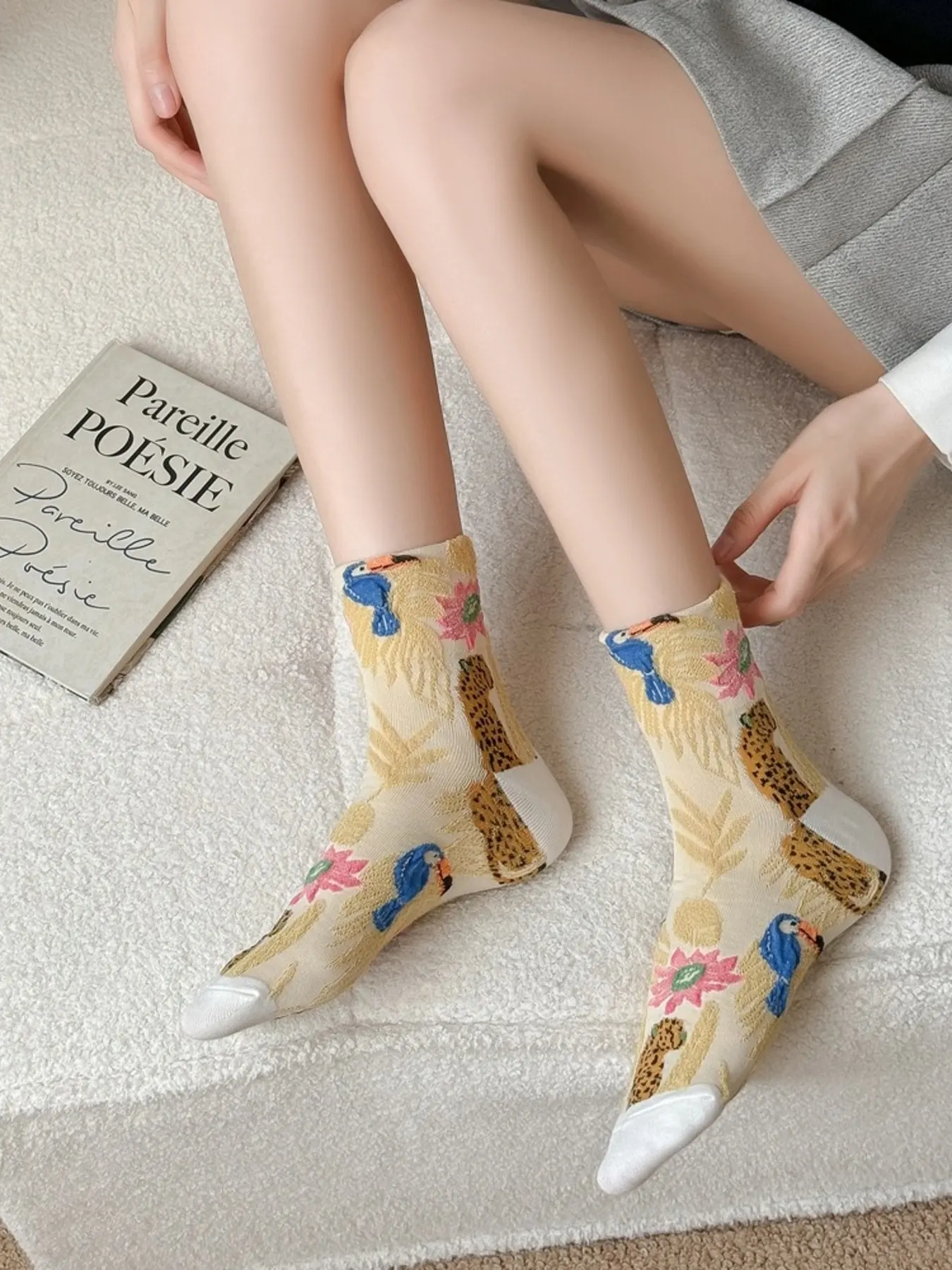 Leopard and Toucan Pattern Cotton Knit Socks