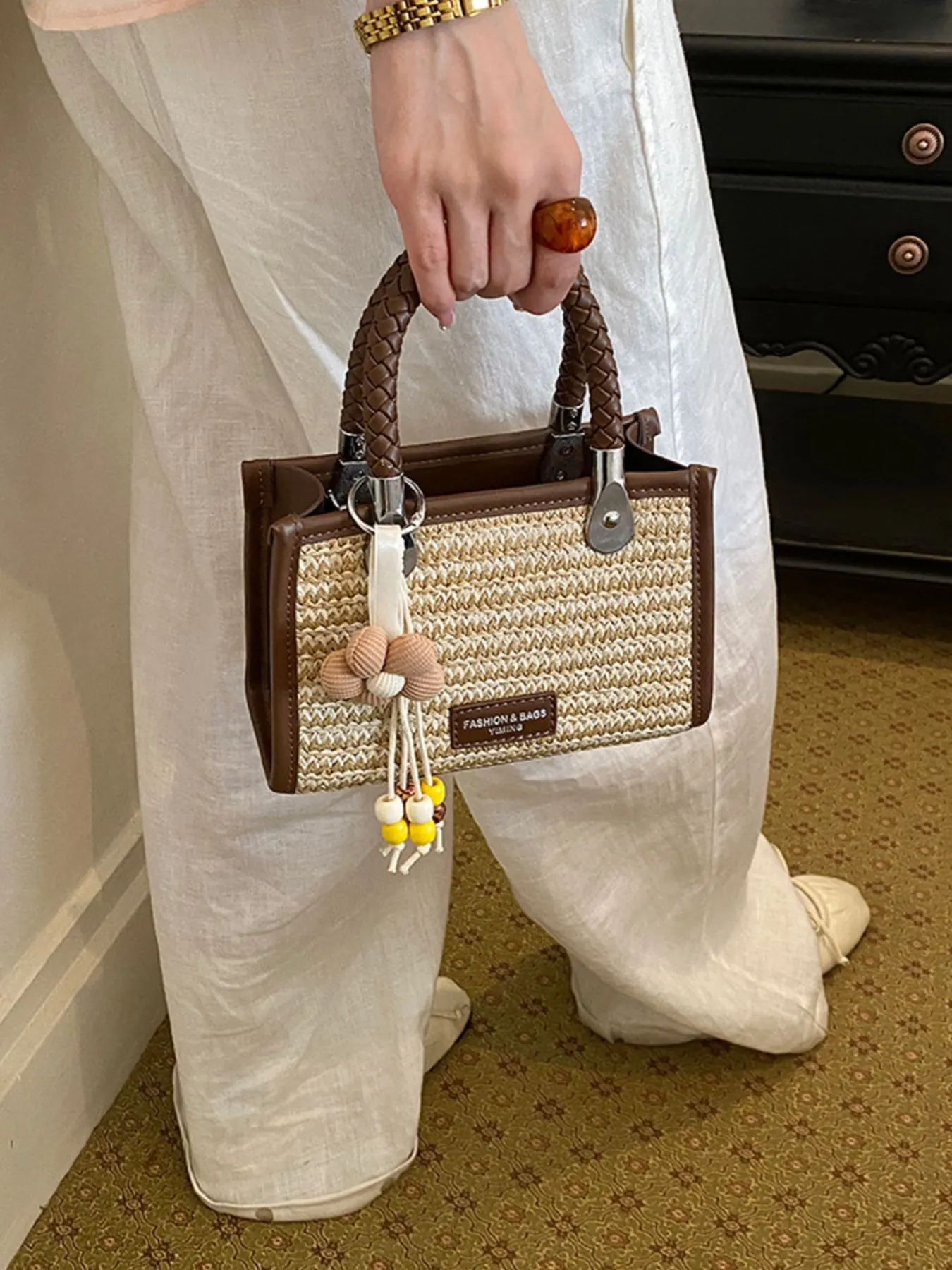 Woven Straw Handbag with Braided Handle